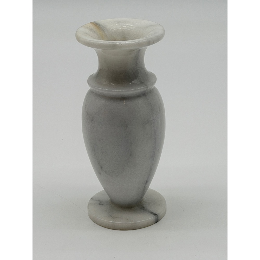 Vintage Grey White Veined Marble Bud Vase Polished Stone Urn 6.75 Inch